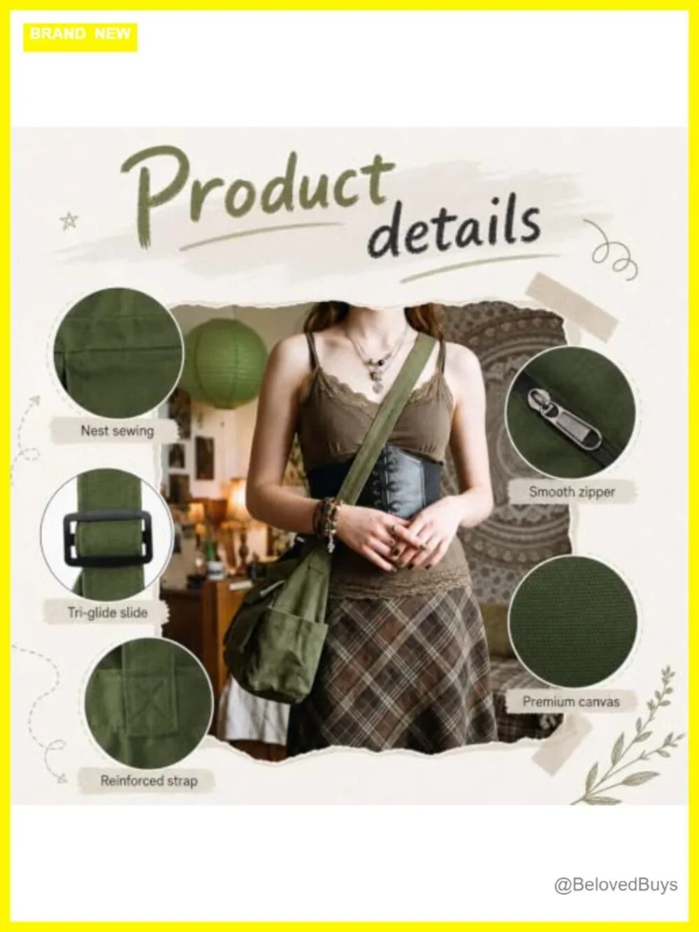 5 Pc Fairy Grunge Accessory Set Canvas Messenger Bag Cat Beanie Necklace